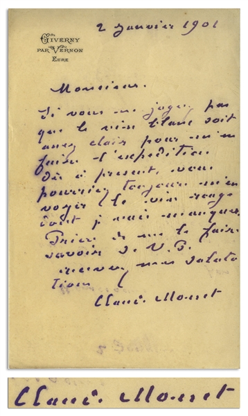 Claude Monet Autograph Letter Signed -- Monet Writes to His Wine Merchant: ''...you could always send me the red wine...''